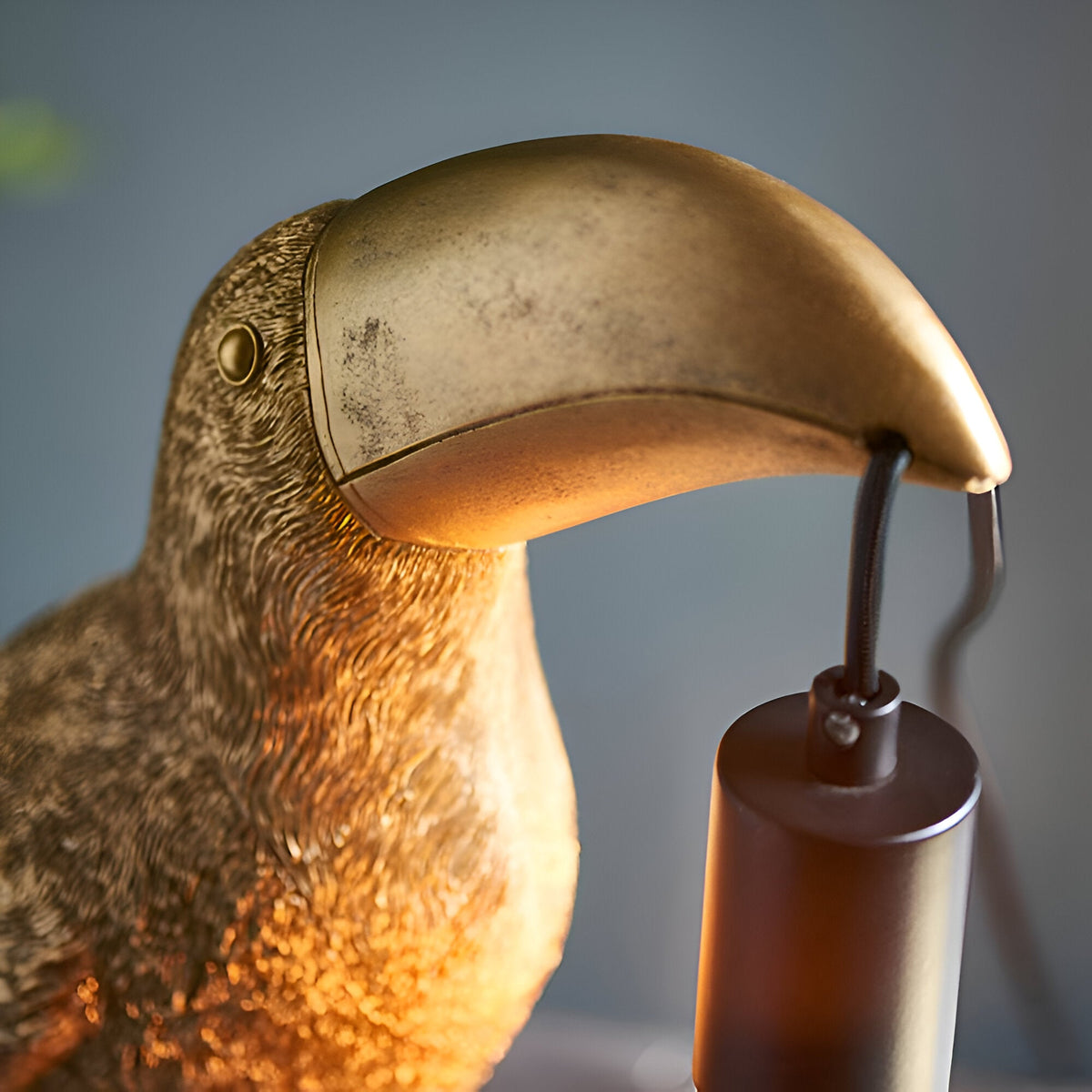 Cranmont Toucan Table Lamp in Gold, close-up of resin toucan head with matt black lamp holder base, shown against a soft grey background.