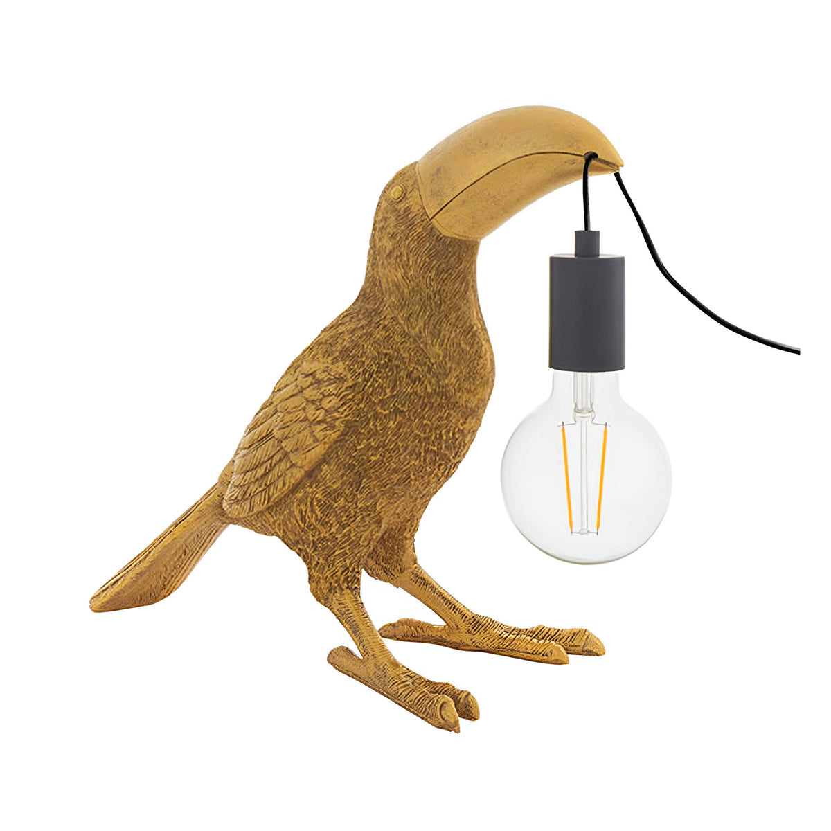 Cranmont Toucan Table Lamp in gold resin with black E27 bulb holder and exposed globe bulb, shown on a plain white background.