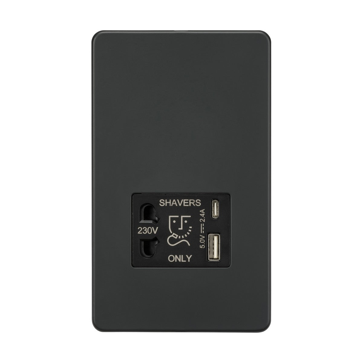 The Shaver Socket With Dual USB in anthracite boasts a sleek, screwless design ideal for bathroom installations. It includes a 230V shaver socket and a 5V USB charger port, with an illustrative plug image for easy identification.