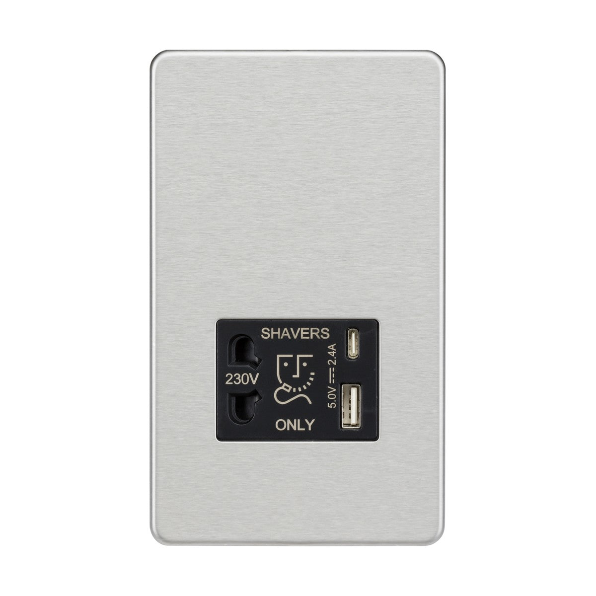 A sleek wall-mounted Shaver Socket With Dual USB in a brushed chrome finish with a black insert, featuring a 230V shaver outlet and dual USB charger (5V, 2.4A), labeled Shavers Only.