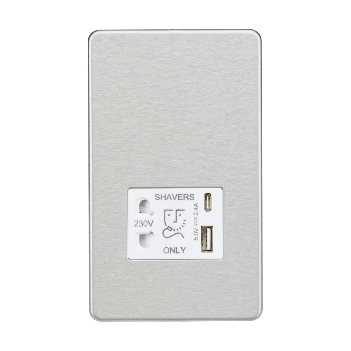 The Shaver Socket With Dual USB - Brushed Chrome (White Insert) is a metallic, wall-mounted power outlet that includes a labeled shaver socket for 230V appliances and a USB charger port with an output of 5V and 2.1A.