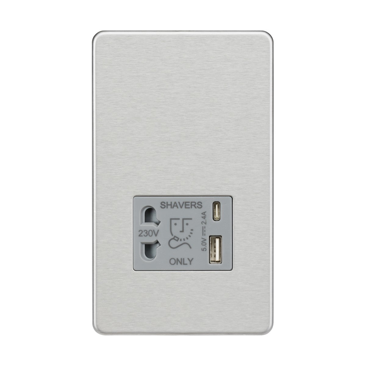 Introducing the Shaver Socket With Dual USB in a brushed chrome finish with a grey insert, this silver wall outlet is designed exclusively for shaver use. It features a 230V two-prong socket and comes equipped with dual USB chargers, offering additional charging options in a sleek, low-profile design.