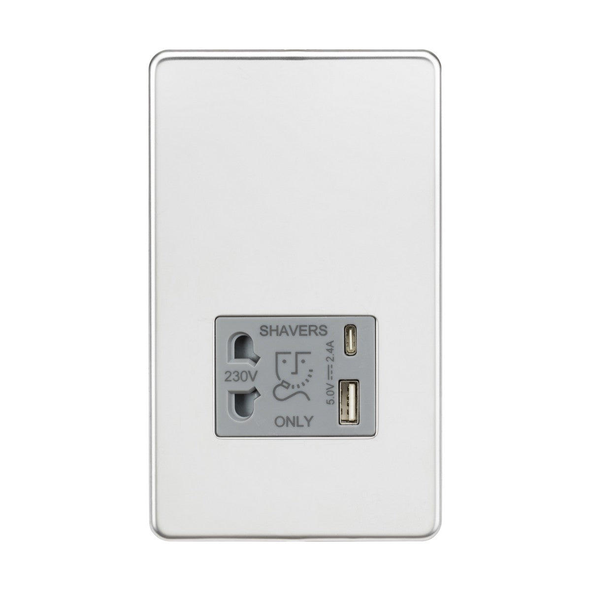 The Shaver Socket With Dual USB - Polished Chrome (Grey Insert) is designed for convenience, featuring a polished chrome finish. It includes a 230V outlet and two USB charger ports labeled 5V max 2.1A, with a clearly marked shaver icon to indicate its specific use.
