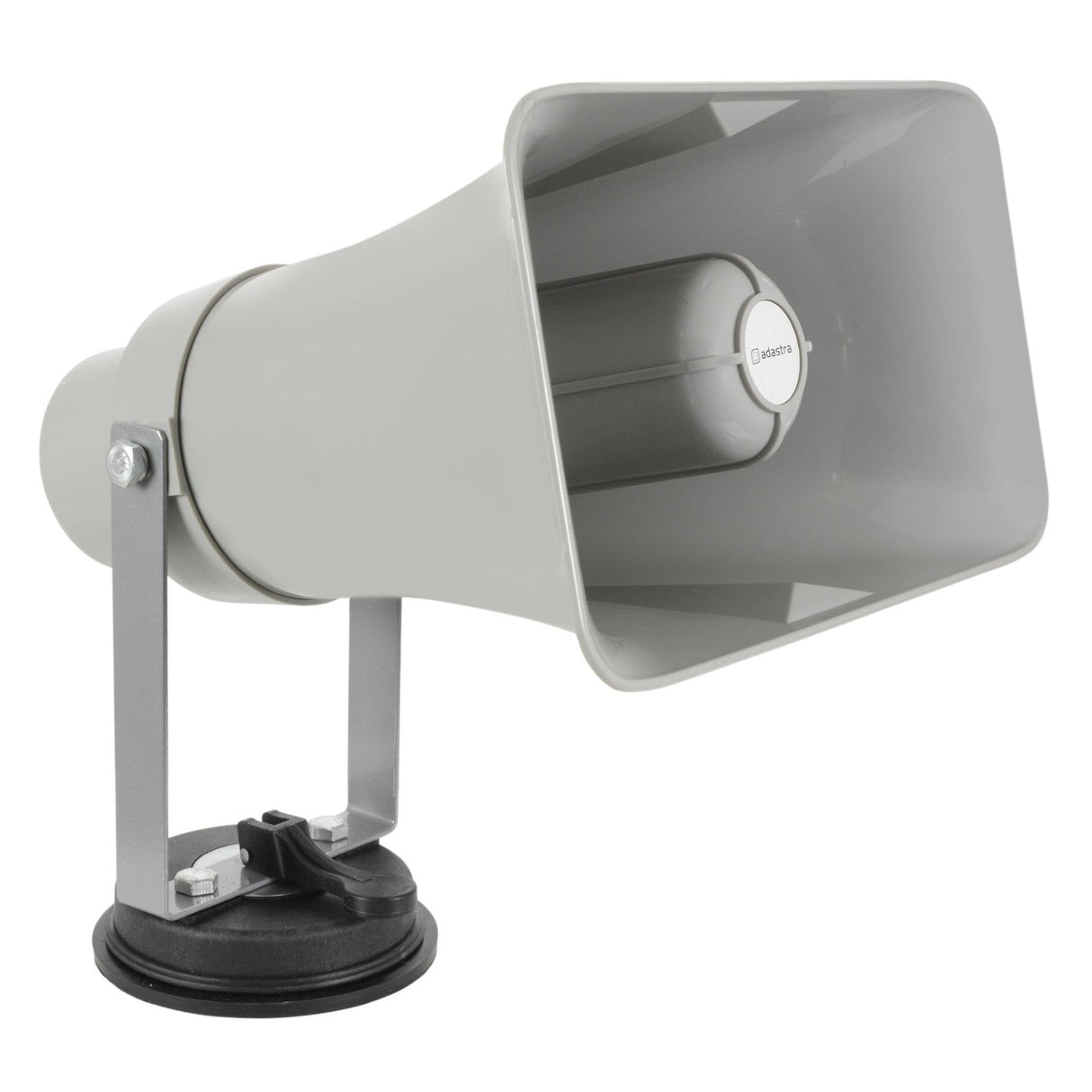 A gray Adastra 25W Car Horn Speaker featuring a square-shaped horn and a Bluetooth receiver is mounted on a metal stand with a suction base.