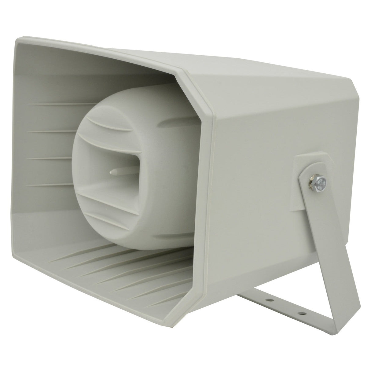 Introducing the Adastra FRH50 50W Full Range Horn Speaker: a gray outdoor loudspeaker featuring a rectangular design, complete with a side mounting bracket and slatted grille for enhanced sound projection. This speaker delivers full range output and is IP65 rated, ensuring durability across diverse weather conditions.