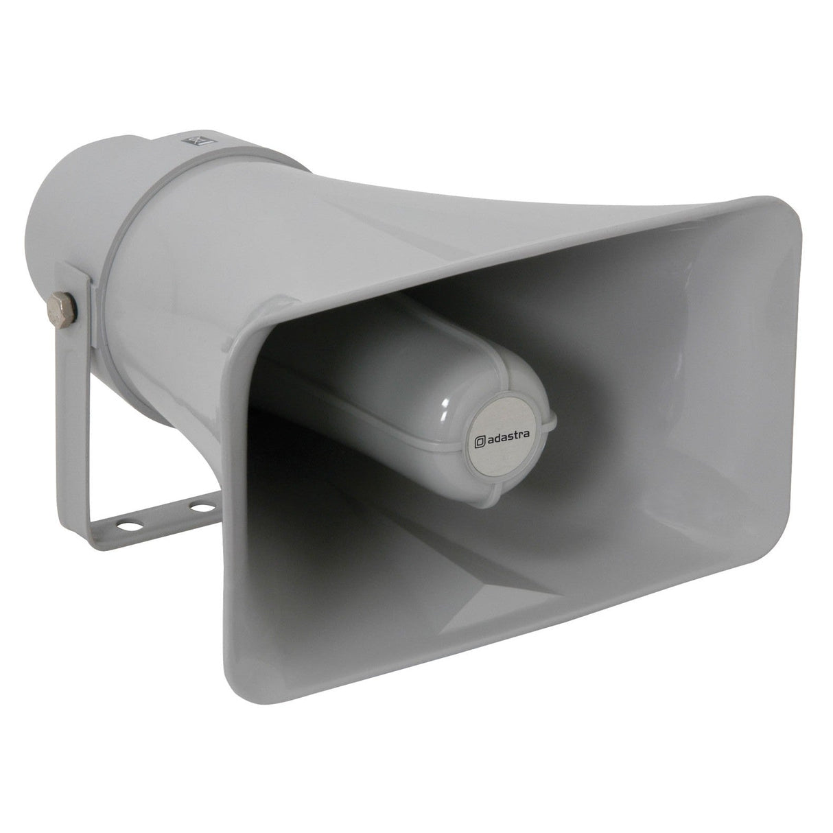 The Adastra RH15V 15W 100V Rectangular Horn Speaker is a large, gray megaphone speaker with a rectangular front and cylindrical back. Expertly mounted on a metal bracket, it bears the adastra name inside, showcasing its weatherproof design. This PA horn speaker comes with a 100V transformer to ensure reliable performance in any condition.