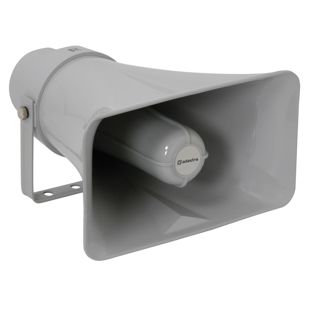 The Adastra 25W Active Weatherproof Horn Speaker - IP66 is a white megaphone-style horn speaker equipped with a rectangular front and an attached mounting bracket, making it ideal for broadcasting sound in outdoor or large indoor spaces. With its IP66 weatherproof rating, it is built to withstand harsh weather conditions.