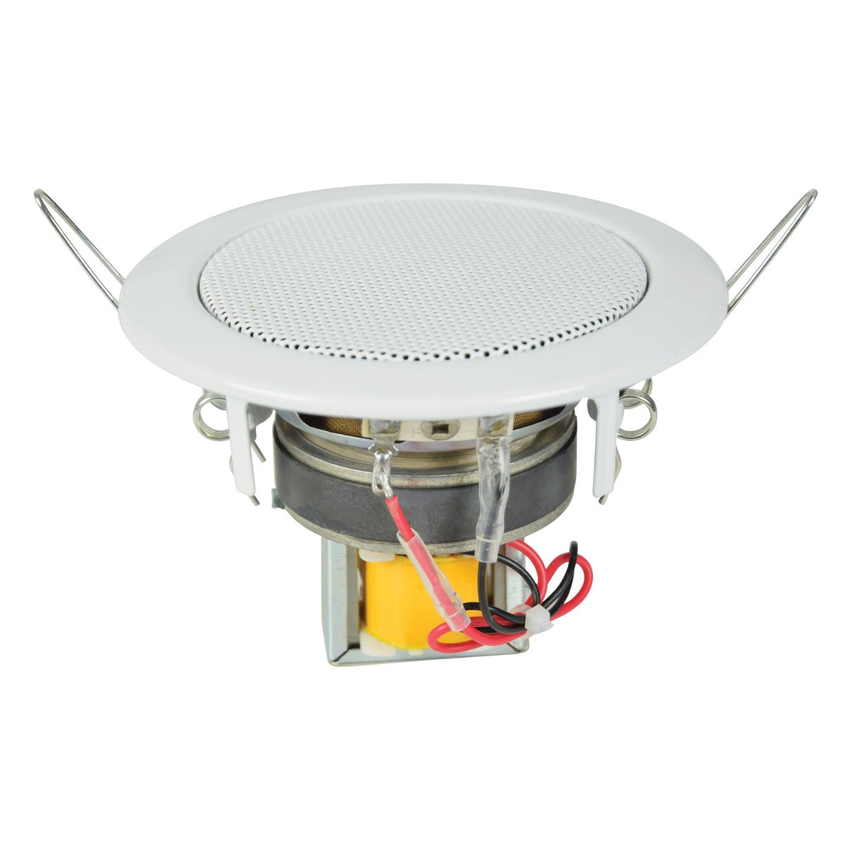 A side-view image of the Adastra EC36V 3" 6W Ceiling Speaker, a round, white recessed speaker with a perforated grille and metal bracket support. The design features a 100V transformer and visible wiring, highlighting its water-resistant capabilities against a plain white background.