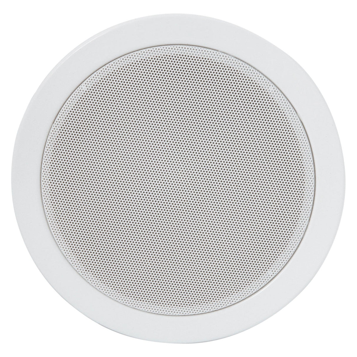The Adastra Metal Quick Fit 5.25" 6W Ceiling Speaker - White features a circular design with a flush fit grille and perforated pattern, seamlessly integrating into a plain white background for optimal audio output.