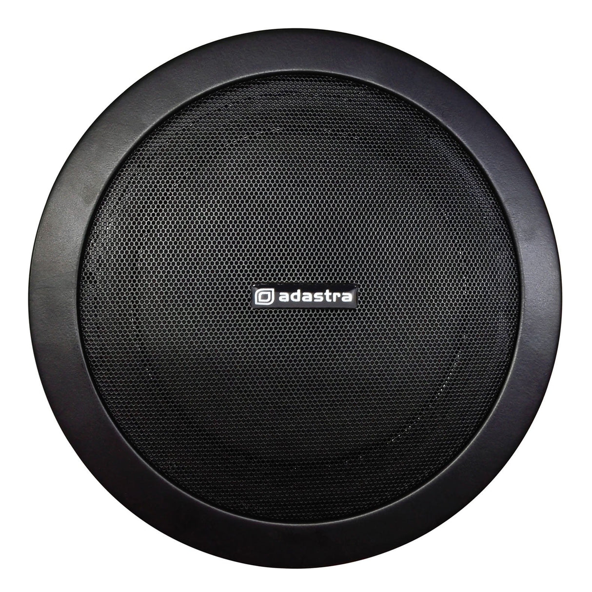 A sleek and modern Adastra Metal Quick Fit 5.25" 6W Ceiling Speaker in black, featuring a circular design with a flush fit mesh grille and the Adastra logo at its center. Its elegant appearance is enhanced by an integrated 100V line transformer, offering an impressive view from above.