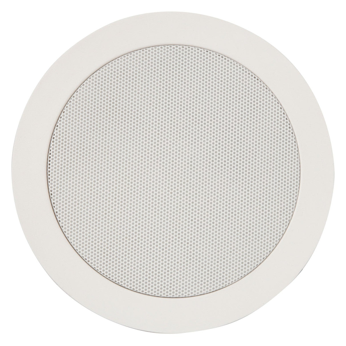 The Adastra CC5V 5.25" 20W Ceiling Speaker with Control features a round design with a perforated metal grille cover and a white polymer frame, perfect for discreet audio installation in ceilings. Its minimalist style and smooth outer rim offer a sleek appearance, while the directional dome tweeter improves sound precision.