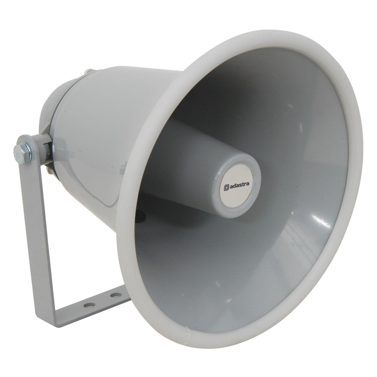 The Adastra 15W Low Impedance Horn is a gray and white outdoor PA speaker featuring a mounting bracket, making it ideal for industrial installations. The brand name "adastra" is prominently displayed on the front. Designed with a wide, flared mouth and sturdy metal construction, this speaker is positioned at an angle to demonstrate its low impedance performance capabilities.