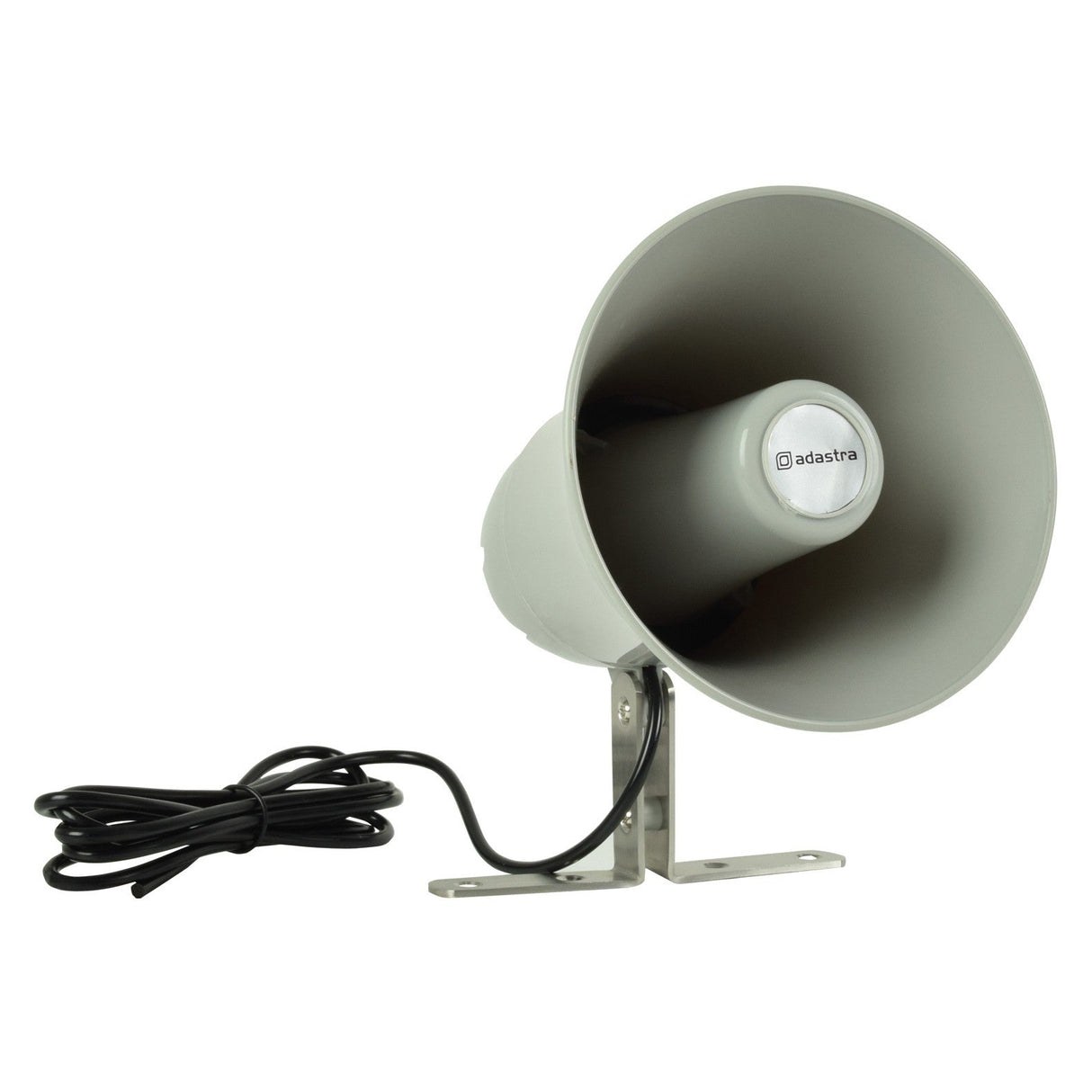 The Adastra PH15 15W Horn Speaker is a gray outdoor waterproof speaker that features a metal mounting bracket and a coiled black cable. The brand name Adastra is prominently displayed at the center, and it is crafted from durable ABS plastic, making it an excellent choice for public address systems.