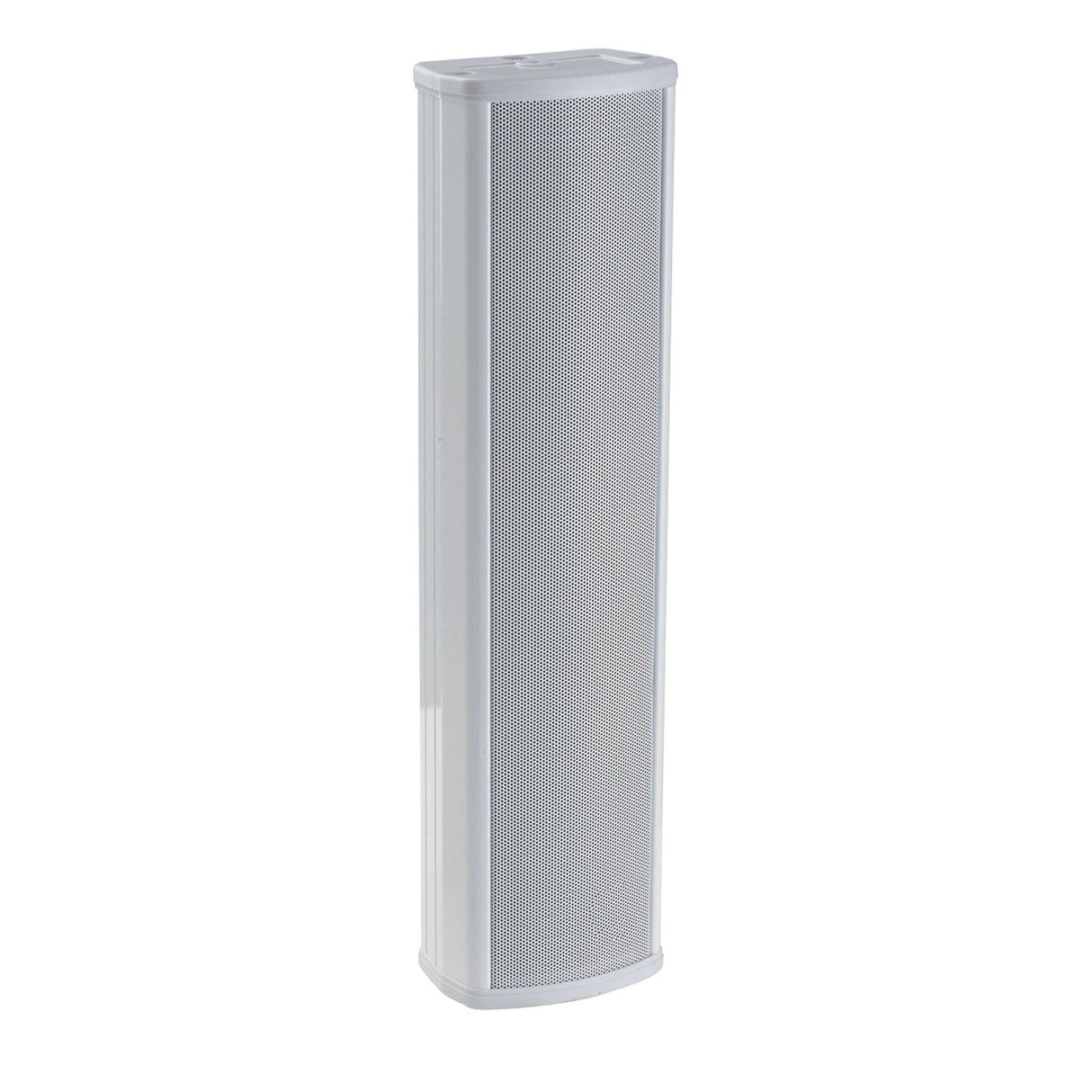 The Adastra 24W Slimline Column Speaker in white features a tall, rectangular design with a perforated front grille. This upright speaker, with its sleek finish, delivers crisp and clear sound that effortlessly fills any space.