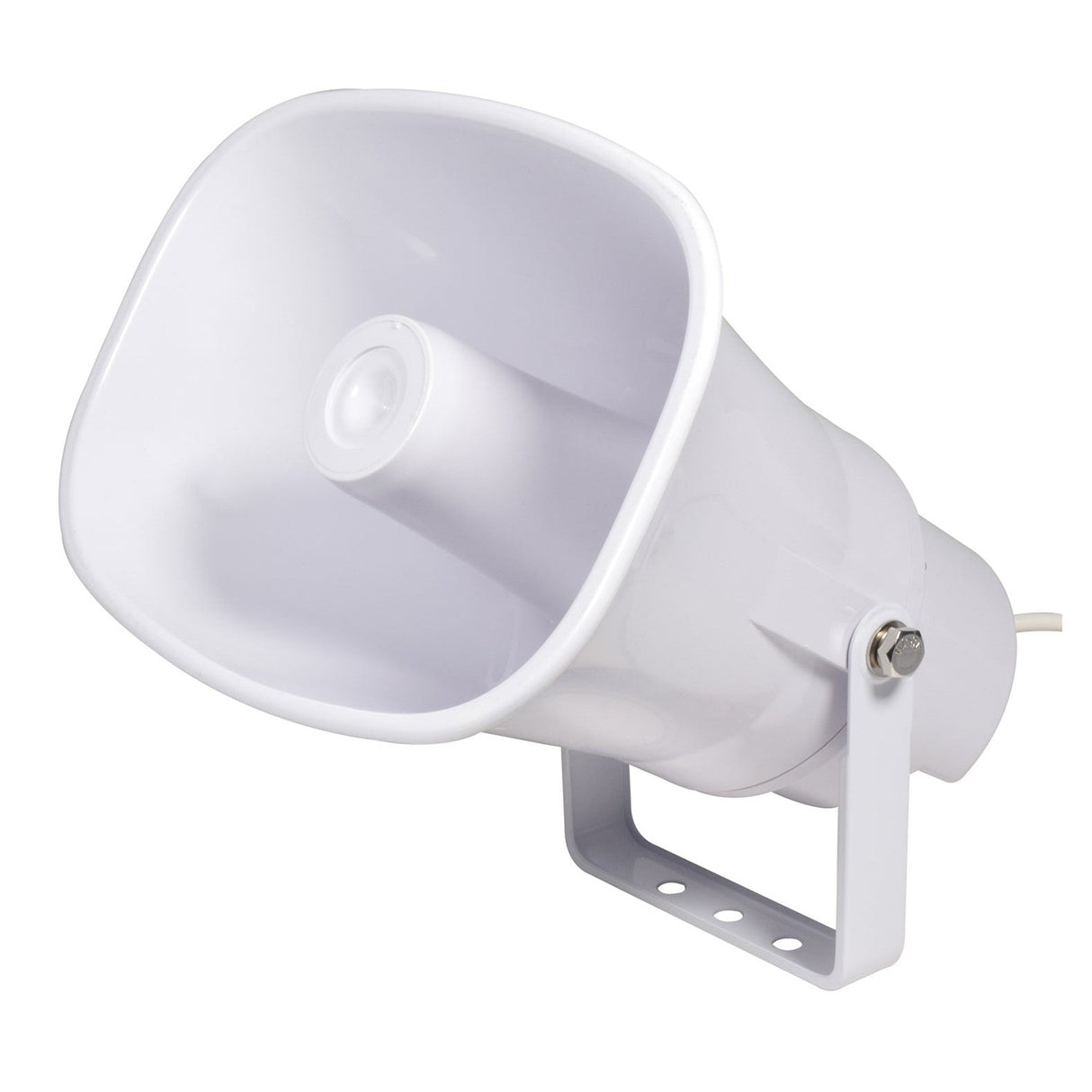 The Adastra FH15V 15W 100V Horn Speaker - IP66, a white, rectangular speaker with weatherproof capabilities, is mounted on a metal bracket angled upward. The bracket includes two installation holes and the speaker is designed for outdoor or public use to ensure durability and optimal sound in various conditions.