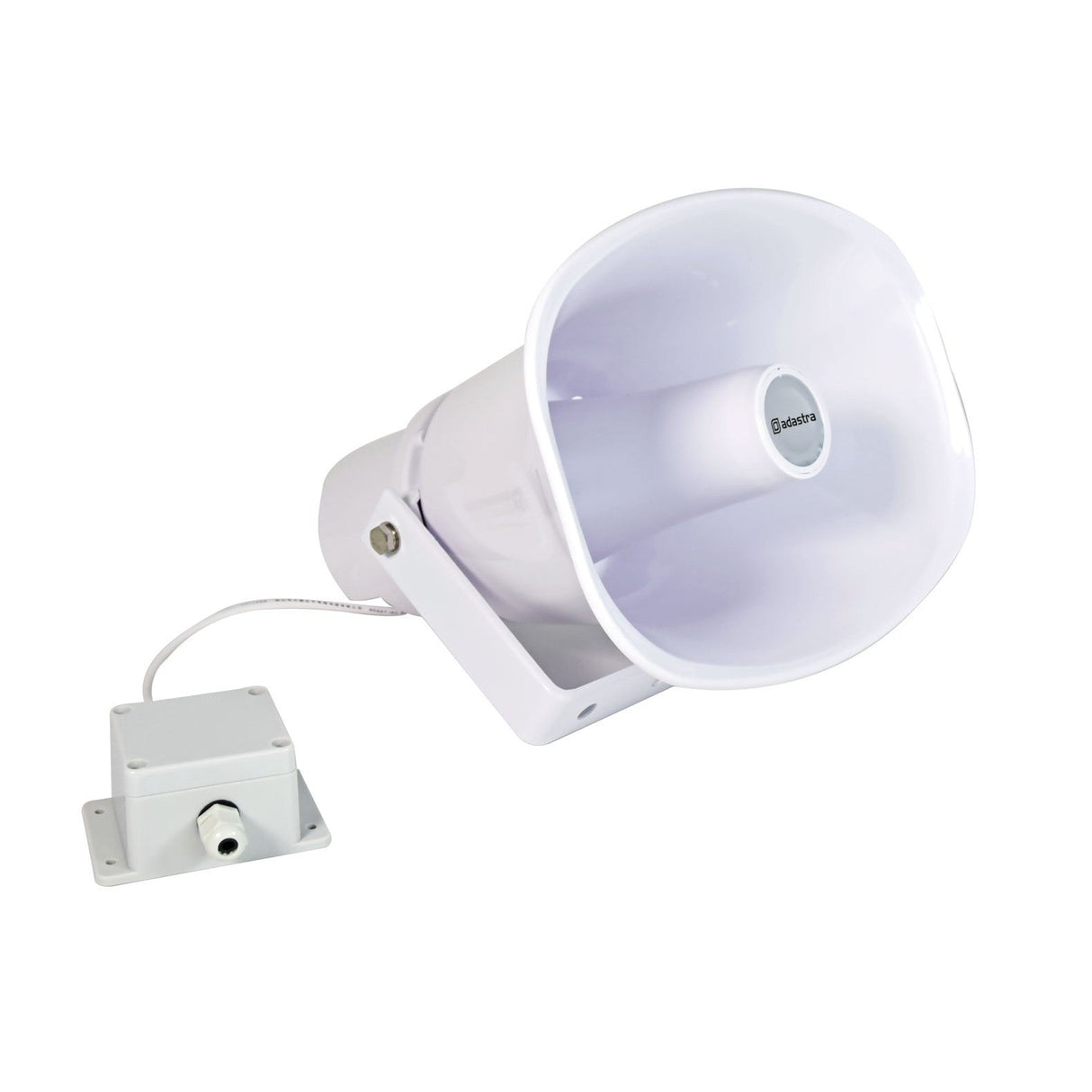 Introducing the Adastra FH30V 30W 100V Horn Speaker, featuring a white flared horn design mounted on a durable white bracket. This weatherproof speaker is ideal for commercial PA installations and connects to a control box through a cable. With its IP66 rating, it's perfect for outdoor use.