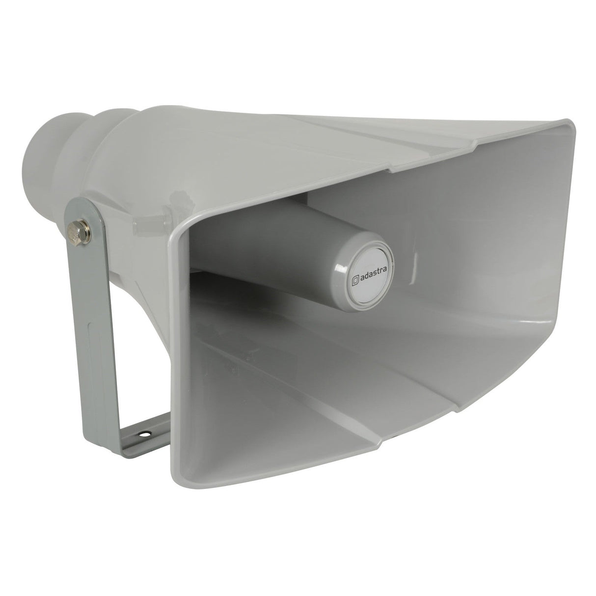 The Adastra RH40V 40W Rectangular Horn Speaker is a gray, weatherproof outdoor speaker featuring a rectangular flared opening and mounting bracket. It has a smooth finish and contains a cylindrical enclosure inside the horn, making it an ideal choice among PA horn speakers for reliable sound projection.