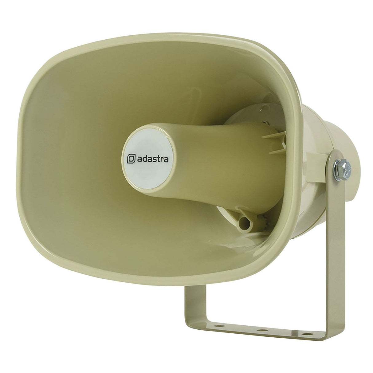 The Adastra EH15V 15W 100V Horn Speaker, a beige outdoor loudspeaker with a curved front and handy mounting bracket, is ideal for broadcasting sound in public spaces. This PA horn speaker is IP56-rated to ensure dependable performance in various weather conditions.
