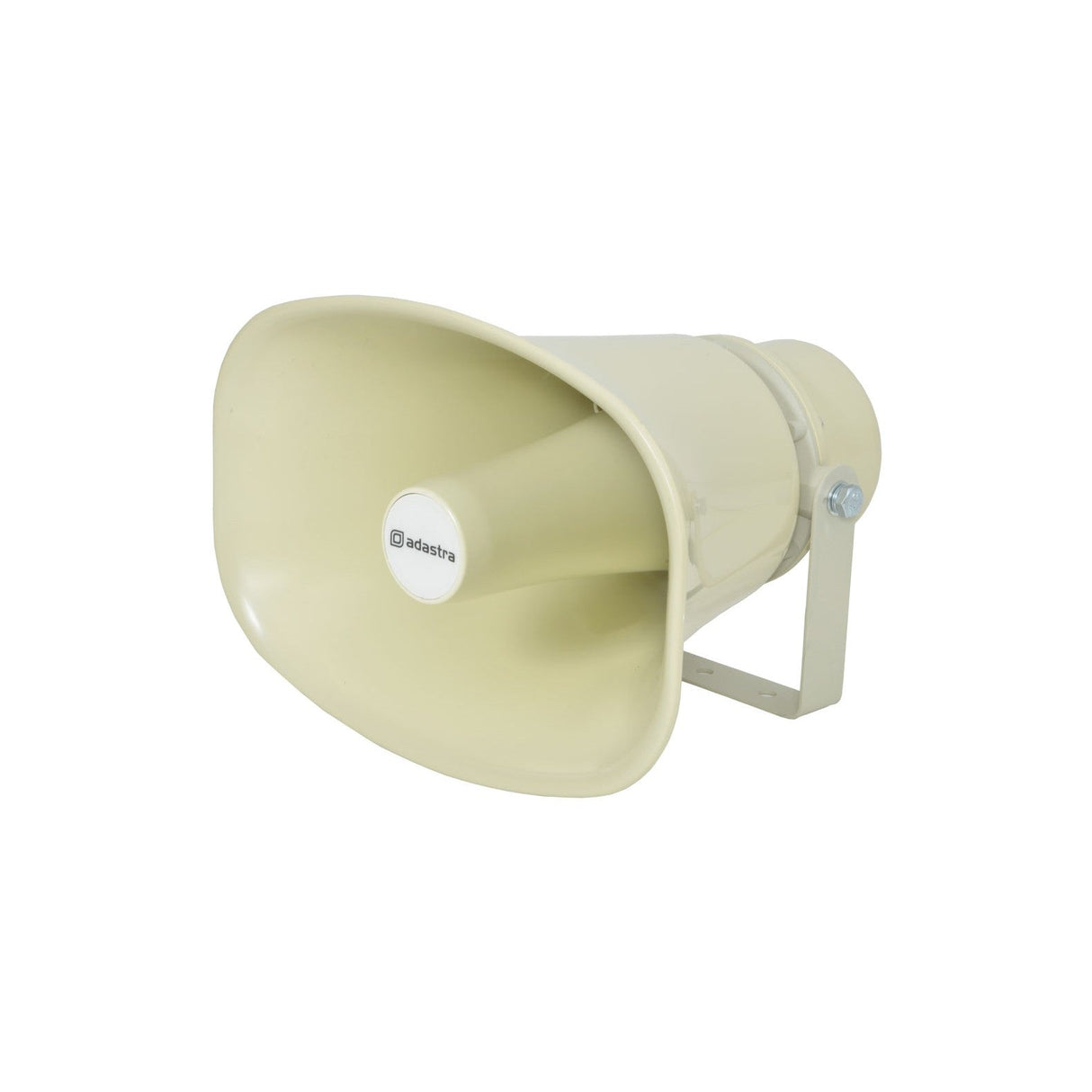 An Adastra EH30V 30W 100V horn speaker, beige in color and shaped like a horn, is mounted with a bracket and angled slightly to the left. It features an IP56 rating for durability, with the Adastra brand name prominently displayed on the front.