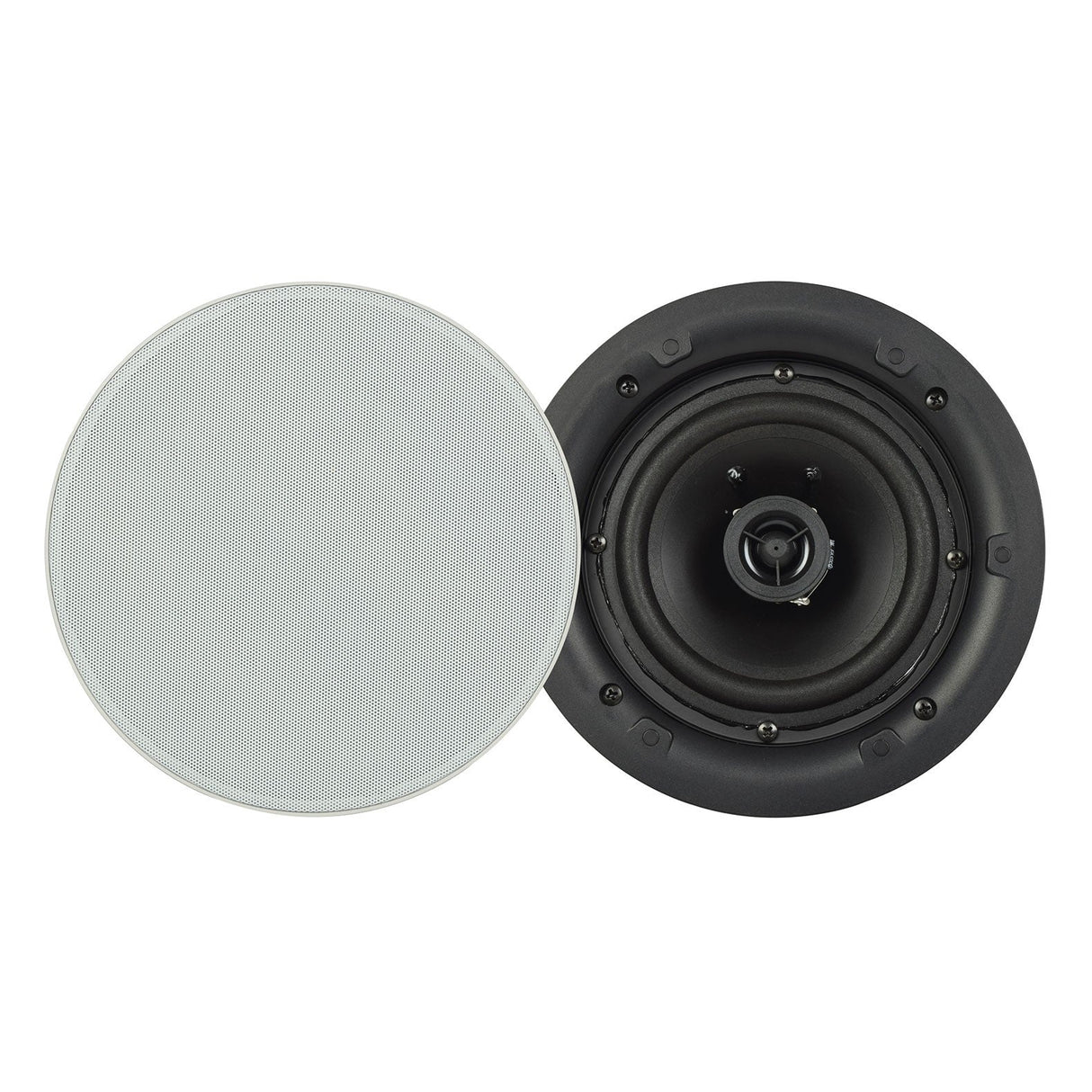 The Adastra 5.25" 20W Low Profile Ceiling Speaker (Each) is presented as a round speaker with a black finish, alongside its magnetic grille cover. It features a central cone and multiple smaller components, optimized for seamless integration into ceilings.