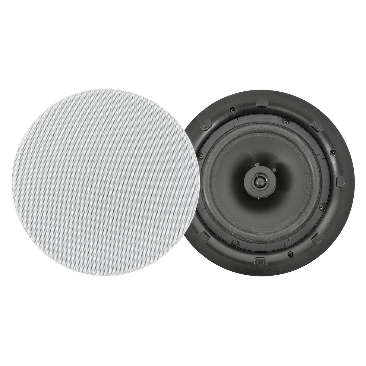The Adastra 8" 50W Low Profile Ceiling Speaker is designed with a directional tweeter and features a sleek white magnetic grille cover. This black speaker showcases a central cone and multiple screw holes along its edge for secure installation, while the plain grille seamlessly fits over the speaker for an elegant finish.