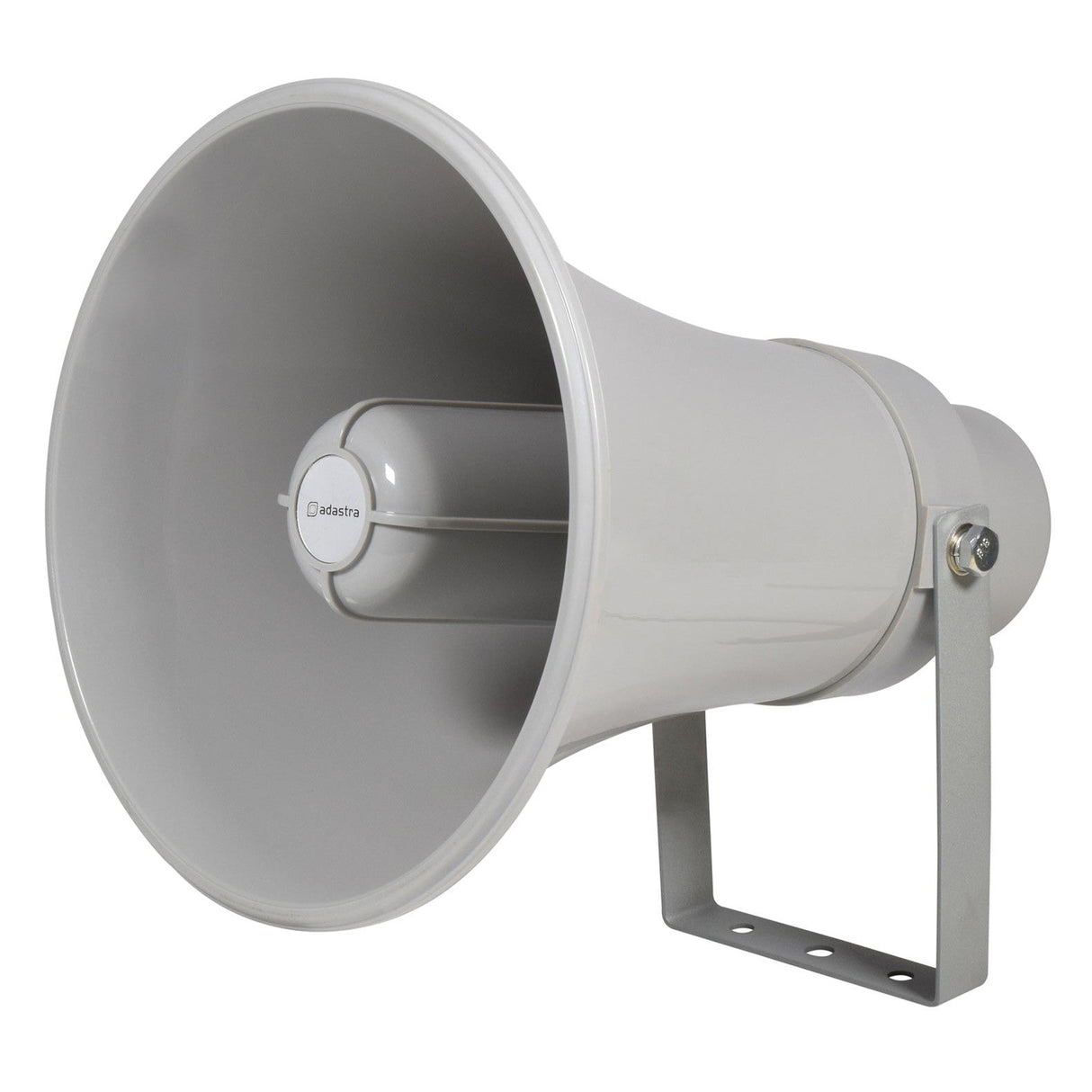 The Adastra MH15V 15W 100V ABS Horn Speaker is a gray, weatherproof megaphone-style outdoor loudspeaker featuring a metal mounting bracket. With an IP66 rating and its cylindrical design with a conical front, it is perfect for public announcements and sound amplification in all weather conditions.