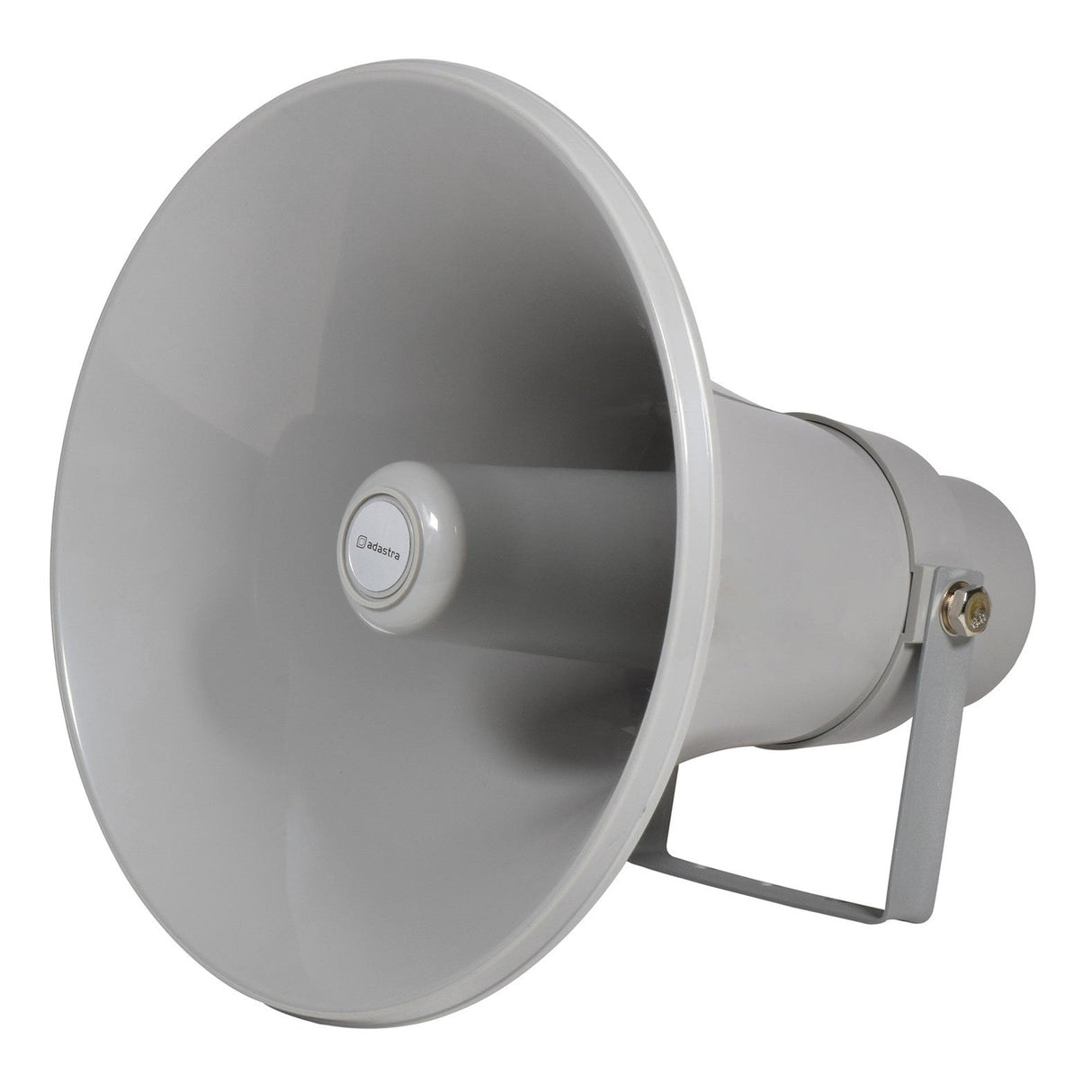 The Adastra MH30V 30W 100V ABS Horn Speaker features a weatherproof gray circular design complete with a side-mounted bracket, ideal for amplifying sound in public areas.