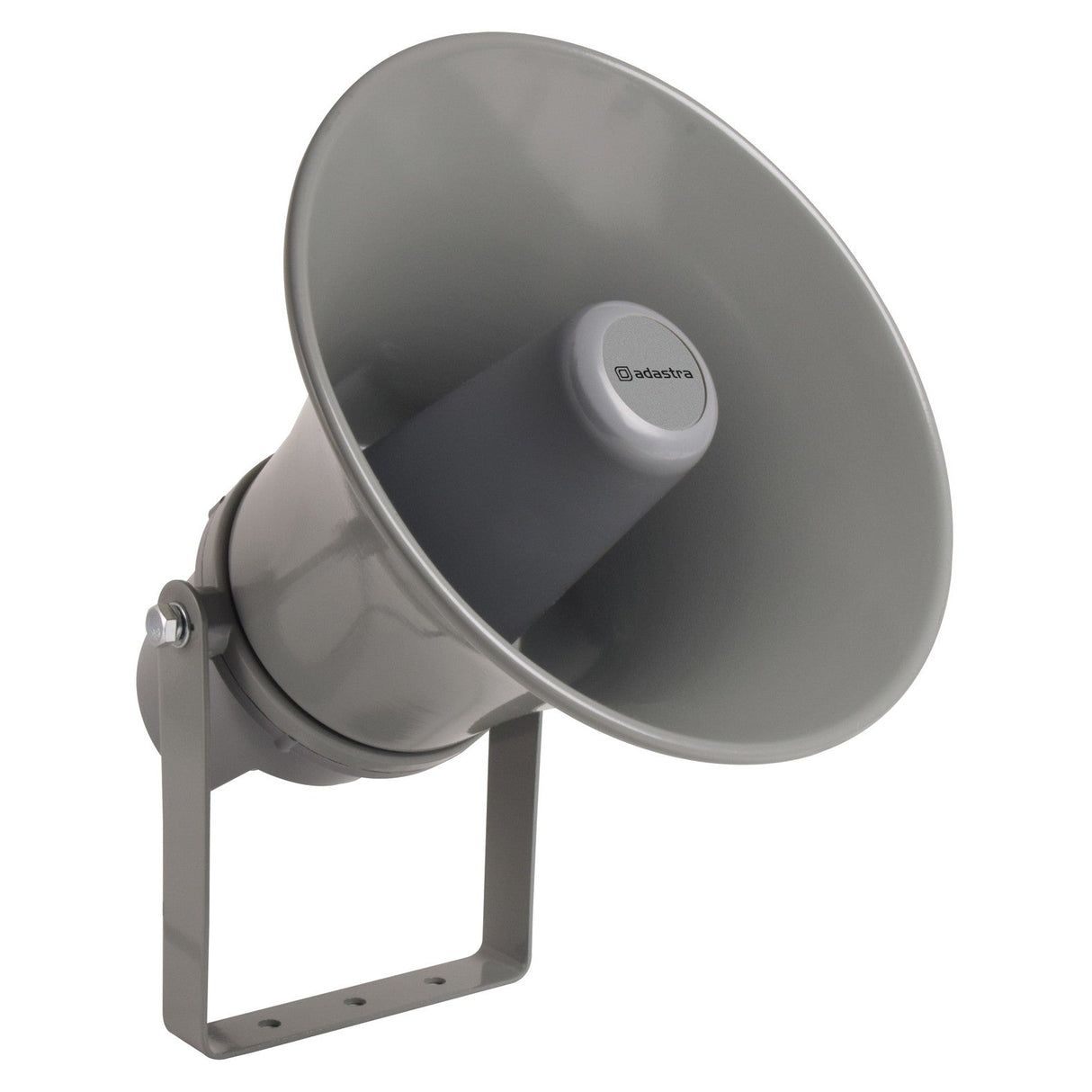Introducing the Adastra 20W 100V Heavy Duty Horn Speaker: This gray, cone-shaped outdoor loudspeaker comes with an easy-to-use mounting bracket, making it perfect for outdoor installations. Featuring a weatherproof metallic finish and a circular center displaying the brand logo, it's ideal for public address systems or robust outdoor sound applications.