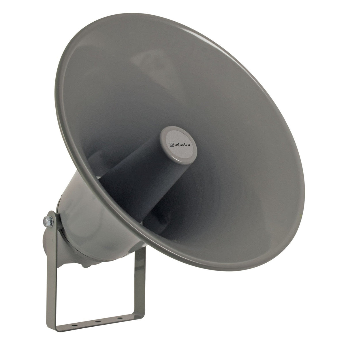 Introducing the Adastra 50W 100V Heavy Duty Horn Speaker, a gray weatherproof speaker mounted on a metal bracket, specifically engineered for outdoor public address systems.