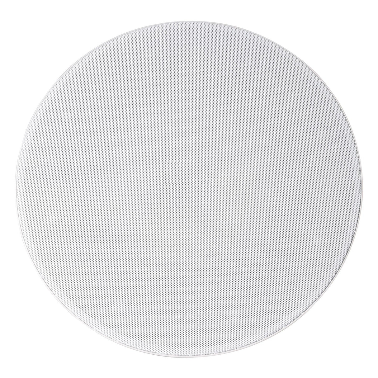The Adastra KV8T Premium 40W Ceiling Speaker features a circular perforated metal grill that resembles a magnetic frameless grille, with a pattern of small holes visible when viewed directly from above on a white background. This design is ideal for ceiling speakers and effortlessly enhances high-quality music reproduction.