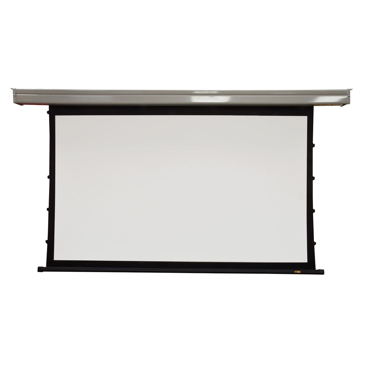 The AV:Link 100 Inch 16:9 Electric Tab-Tensioned Projector Screen, featuring a black border and ceiling-mounted metal housing, is shown against a white background.