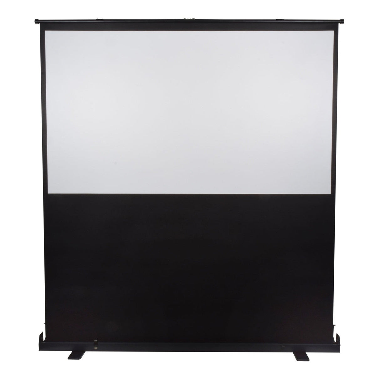 The AV:Link 100 Inch 16:9 Portable Floor Standing Pull-Up Projector Screen features a white display area with a solid black bottom, supported by a sturdy black frame and base.