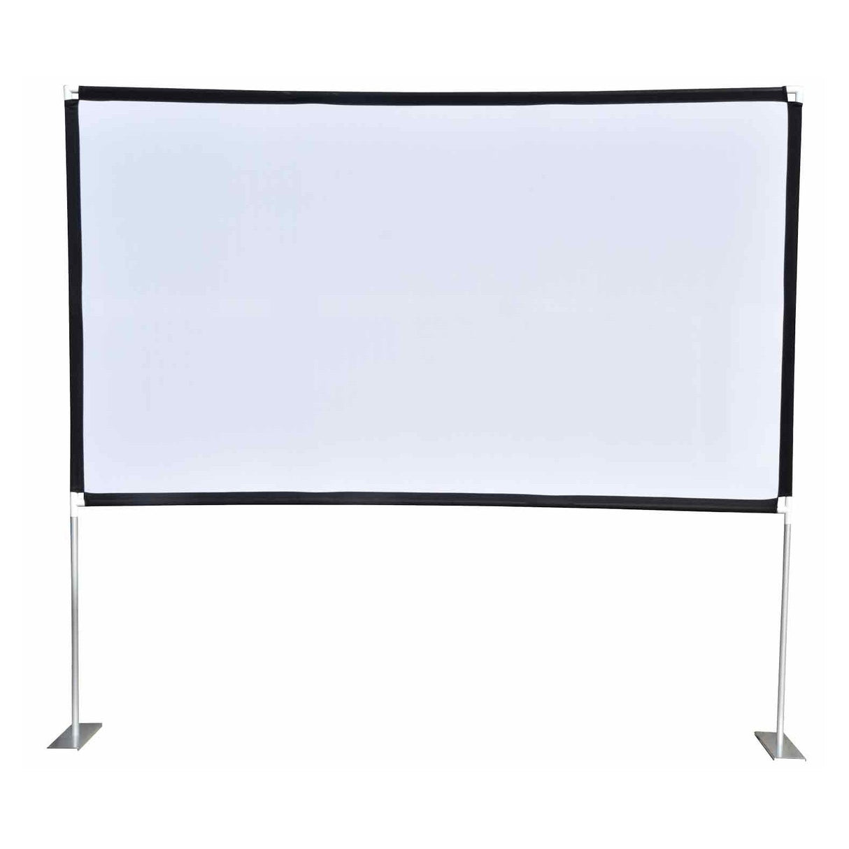 The AV:Link 100 Inch Fast Fold Portable Projector Screen features a blank, rectangular display with a black border, supported by two metal stands on each side, shown against a white background.