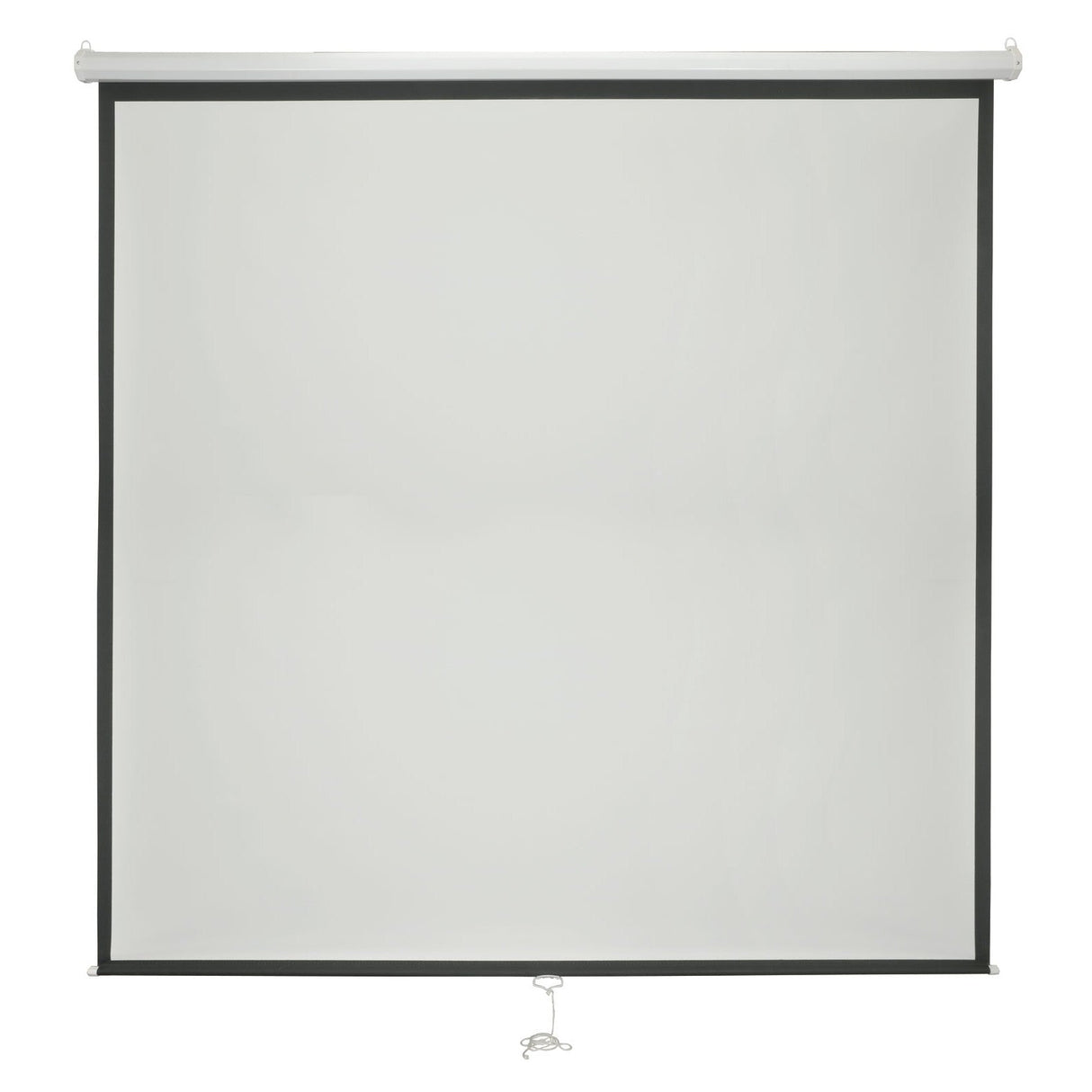 The AV:Link 84 Inch 1:1 Manual Projector Screen features a matte white surface with a black border, housed in a white metal casing. A pull cord at the center allows for easy extension and retraction.