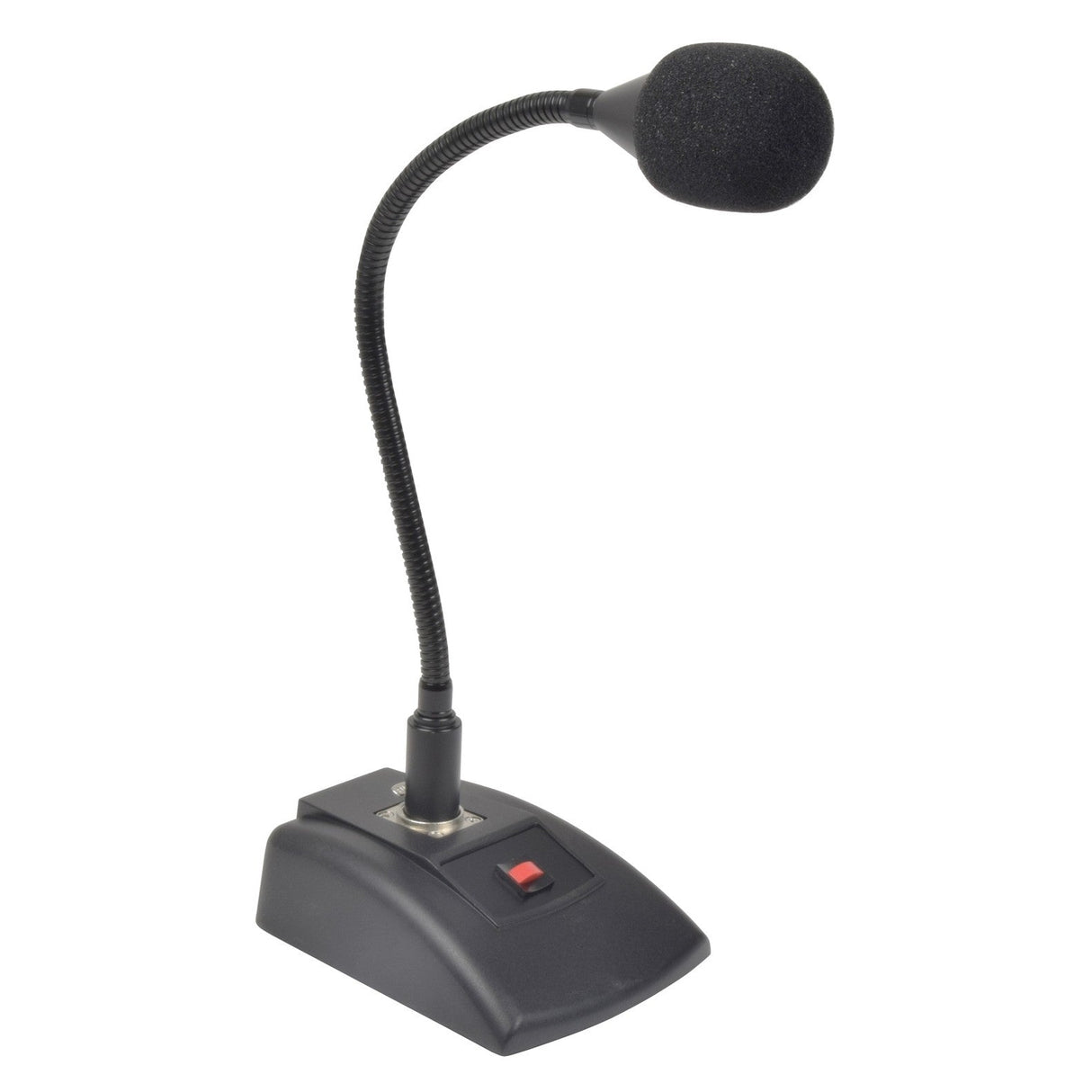 The Adastra COM41 Dynamic Paging Microphone is a black microphone that comes with a flexible gooseneck stand and a rectangular base featuring a red power button. It includes an XLR plug and a black foam windscreen, making its compact design perfect for conference or public speaking use.
