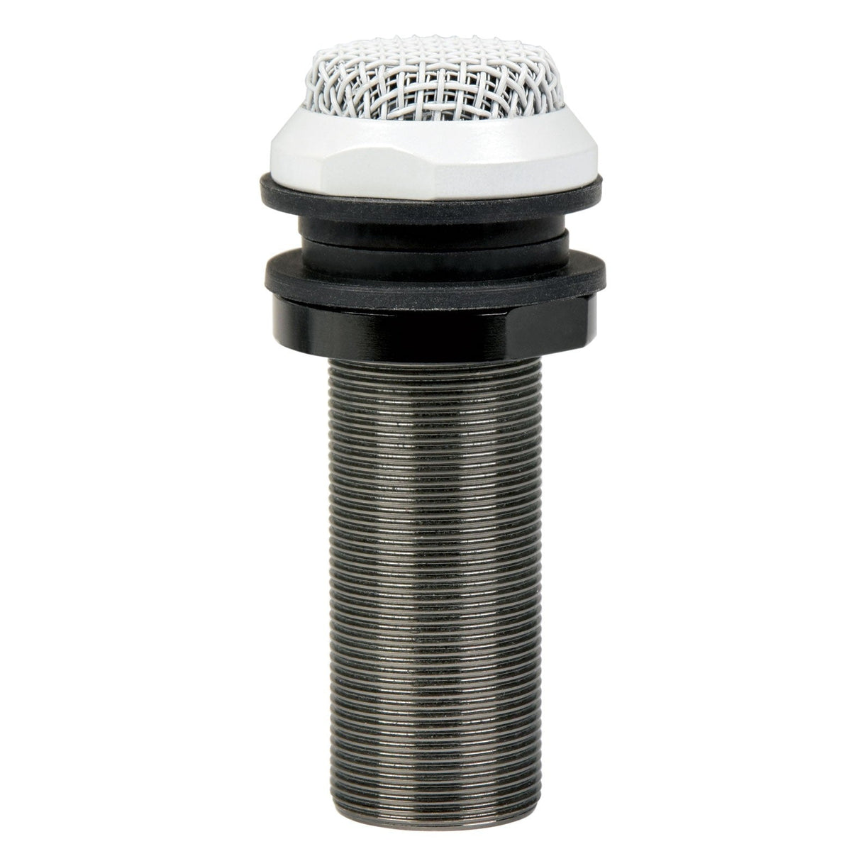 The Adastra CBM20 Ceiling Boundary Microphone is a black and silver flush-mount microphone featuring an omnidirectional pick-up and a threaded base, complemented by a white mesh grille for discreet installation in surfaces, ensuring seamless audio surveillance.
