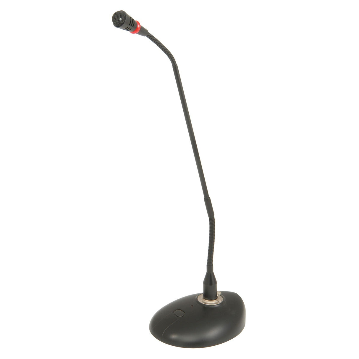 The Adastra Conference/Paging Microphone With Base is a sleek black gooseneck microphone that stands upright on a round base. It features a red ring near the top and has an adjustable neck for precise positioning. The base includes phantom power, a button, and a small display.
