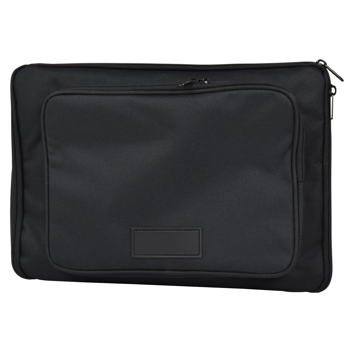 Introducing the QTX Speaker Transit Bag for Delta-50 Portable PA: a sleek black carry bag featuring a zippered closure and an external pocket, crafted from heavy-duty nylon for durability. It includes a rectangular patch on the front, perfect for customization or branding, making it an ideal choice for professionals on the move.