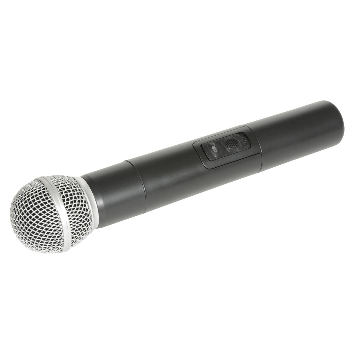 The Adastra VHF Handheld Transmitter for H25 PA, featuring a sleek black design with a silver mesh grille, is positioned diagonally against a white background. Operating at a frequency of 174.1MHz and crafted for seamless integration with portable PA units, the transmitter showcases a power switch on its handle.