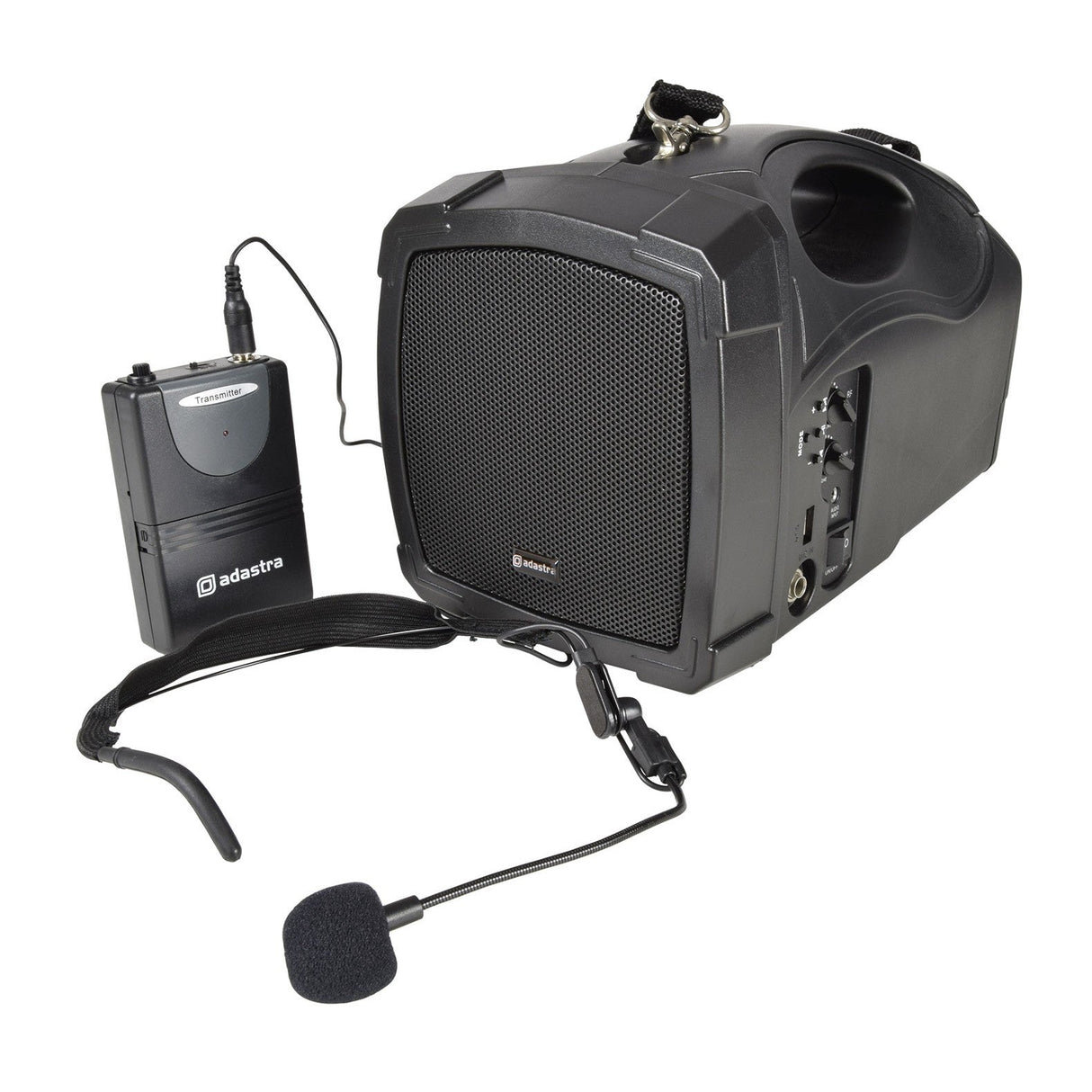 The Adastra H25B Handheld PA is a black portable speaker with a built-in handle that features an adastra wireless transmitter and a VHF wireless neckband microphone. It includes both a Bluetooth receiver and USB media player, making it ideal for public speaking or performances with seamless audio connectivity.