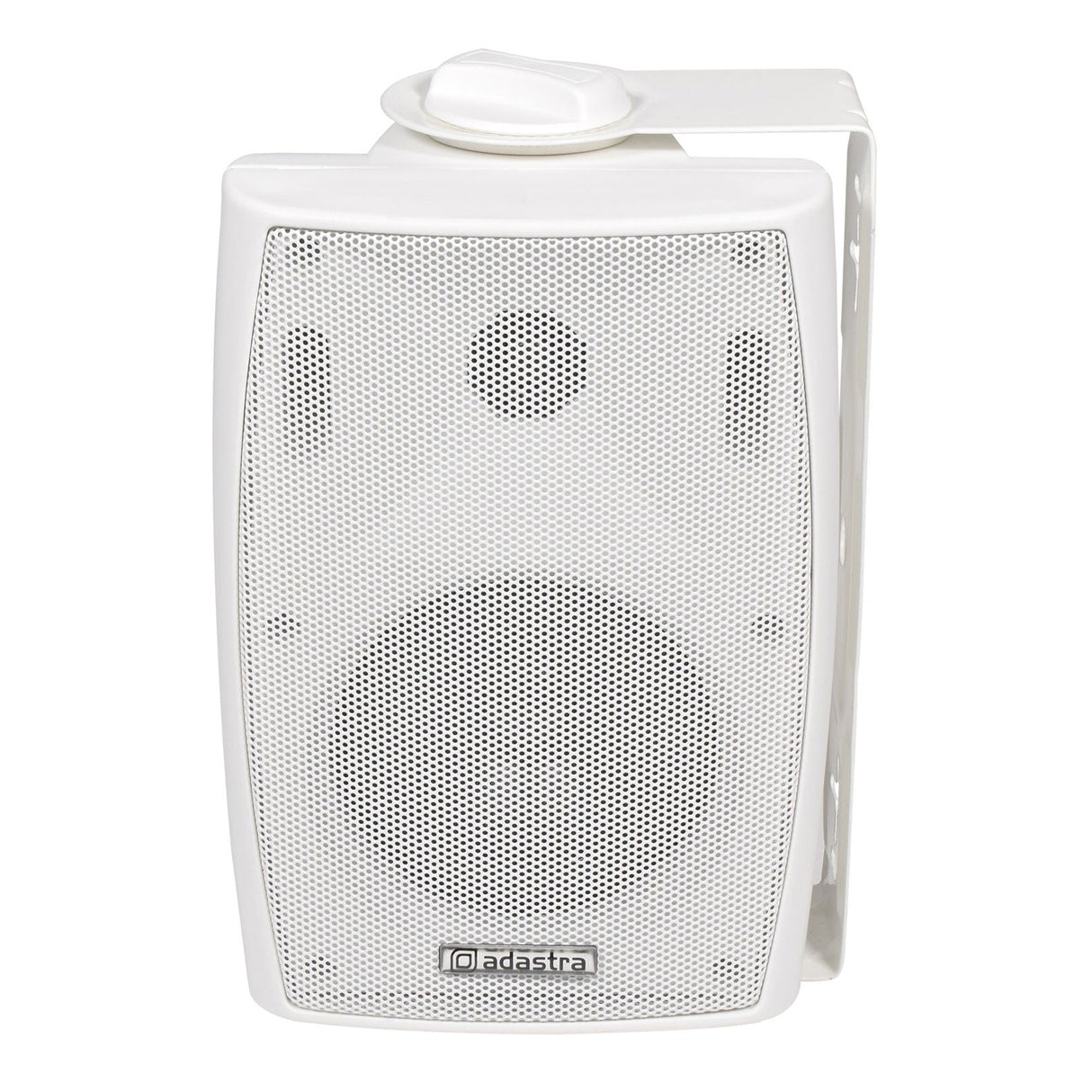 The Adastra BM4V 4" 20W Wall Mounted Speaker in white is a versatile choice for multi-speaker installations, including PA and background music systems. It features a dual-speaker design with a larger speaker at the bottom and a smaller one at the top, all behind a mesh front cover. The convenient volume knob is positioned on top, while the brand logo is located at the bottom.