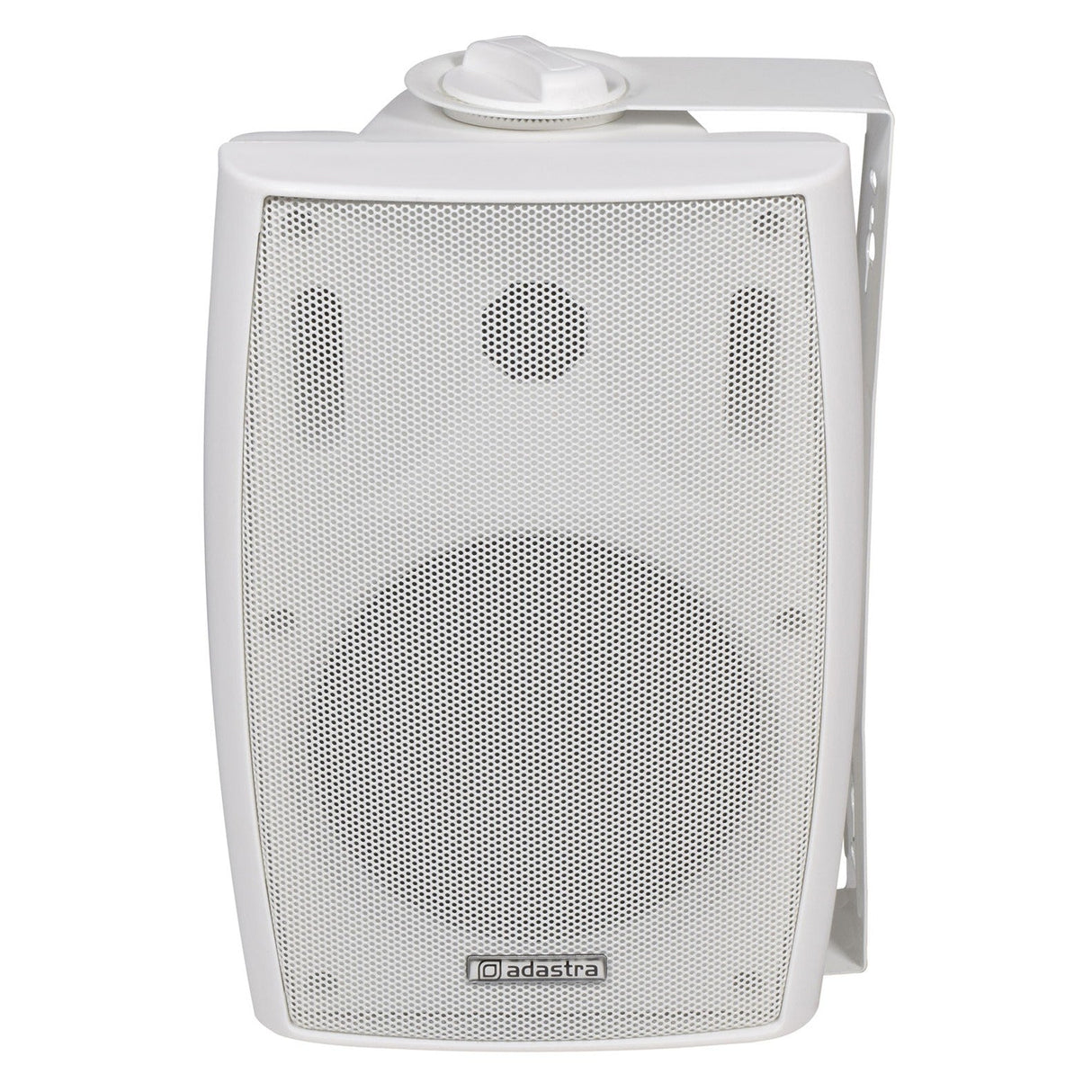 The Adastra BM5V 5.25" 30W Wall Mounted Speaker in white is designed with round speaker elements and a mesh grille, making it ideal for multi-speaker installations. It includes a swivel bracket on the back for adjustable positioning, perfect for enhancing background music systems.