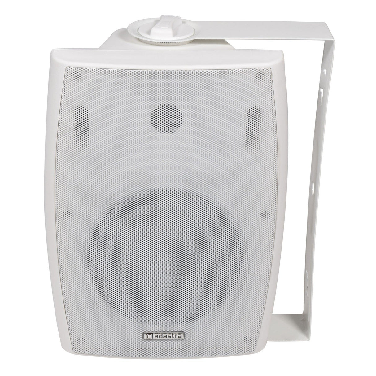 The Adastra BM6V 6" 40W Wall Mounted Speaker in white, equipped with a metal bracket for easy installation, integrates seamlessly into multi-speaker systems. Its front is covered by a mesh grille and features a volume control knob on the top. The Adastra brand name is displayed prominently on the bottom front, making it ideal for background music systems.