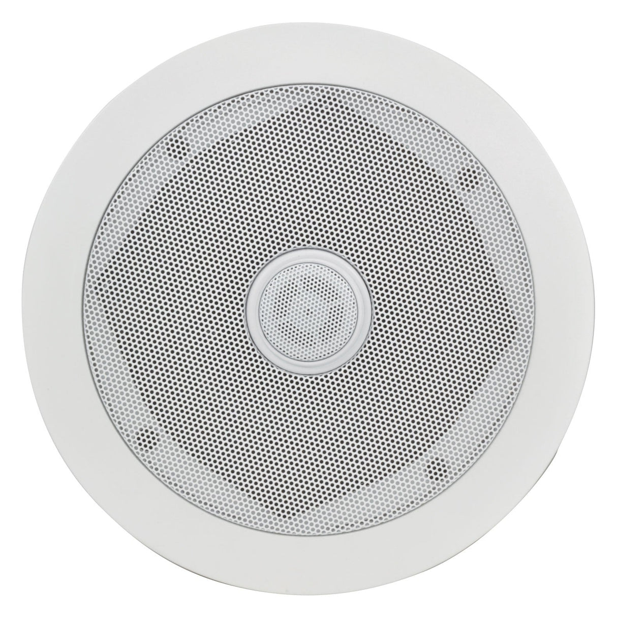 The Adastra 5.25" 40W Ceiling Speaker features a white grille and is designed for in-ceiling installation. It includes a central cone with an adjustable tweeter, surrounded by perforated metal within a sleek white frame, making it an ideal enhancement for your surround sound experience.