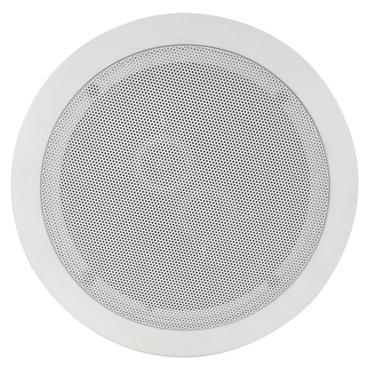 Close-up of the Adastra 6.5" 50W Dual Voice Coil Ceiling Speaker With Dual Tweeters, featuring a round, white design with a perforated grille. This speaker is embedded in a white ceiling, blending seamlessly with its surroundings and specifically designed for effective audio distribution in interior spaces.