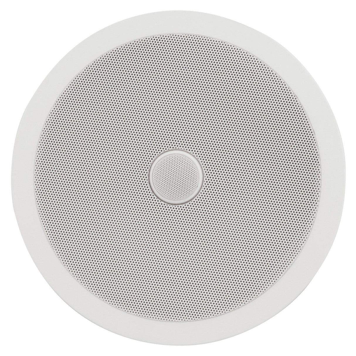 The Adastra 8" 60W Ceiling Speaker with Directional Tweeter features a round, white design and a perforated grill center, expertly crafted for seamless audio distribution. With its polypropylene woofer, this speaker offers a clean and minimalist aesthetic, making it ideal for in-ceiling installation across various environments.