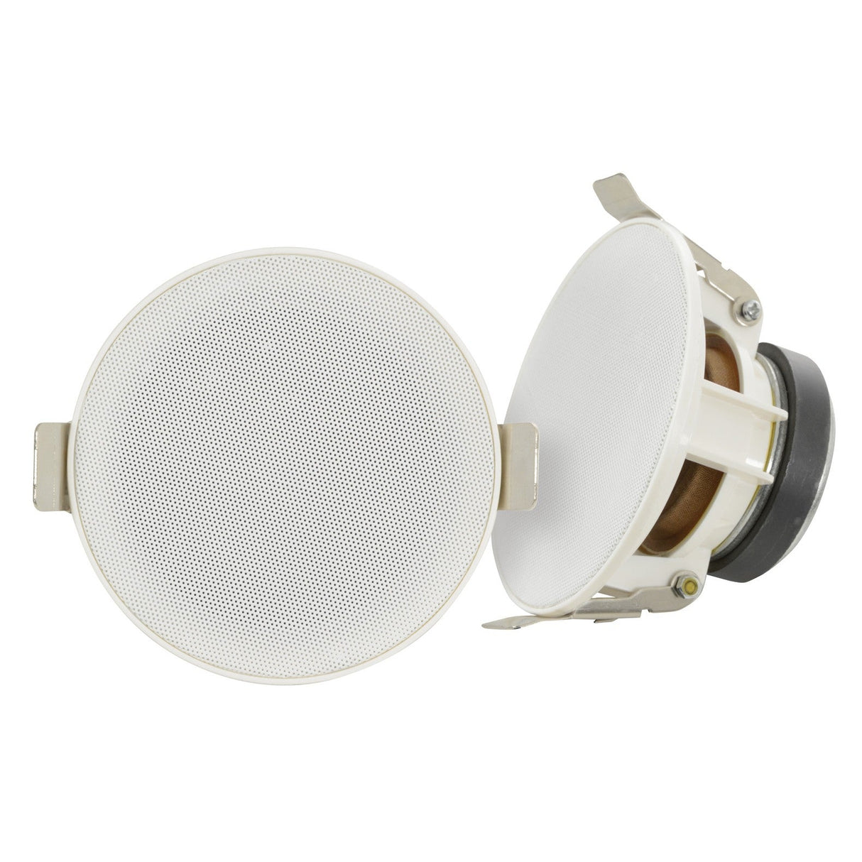 The Adastra SL3 Slimline 3" 10W Ceiling Speaker (Pair) includes two round white speakers, one displayed forward and the other showing its side. They come equipped with metal mesh covers and mounting brackets. Boasting a minimal and modern design along with extended low-frequency response, they are ideal for discreet audio installations.