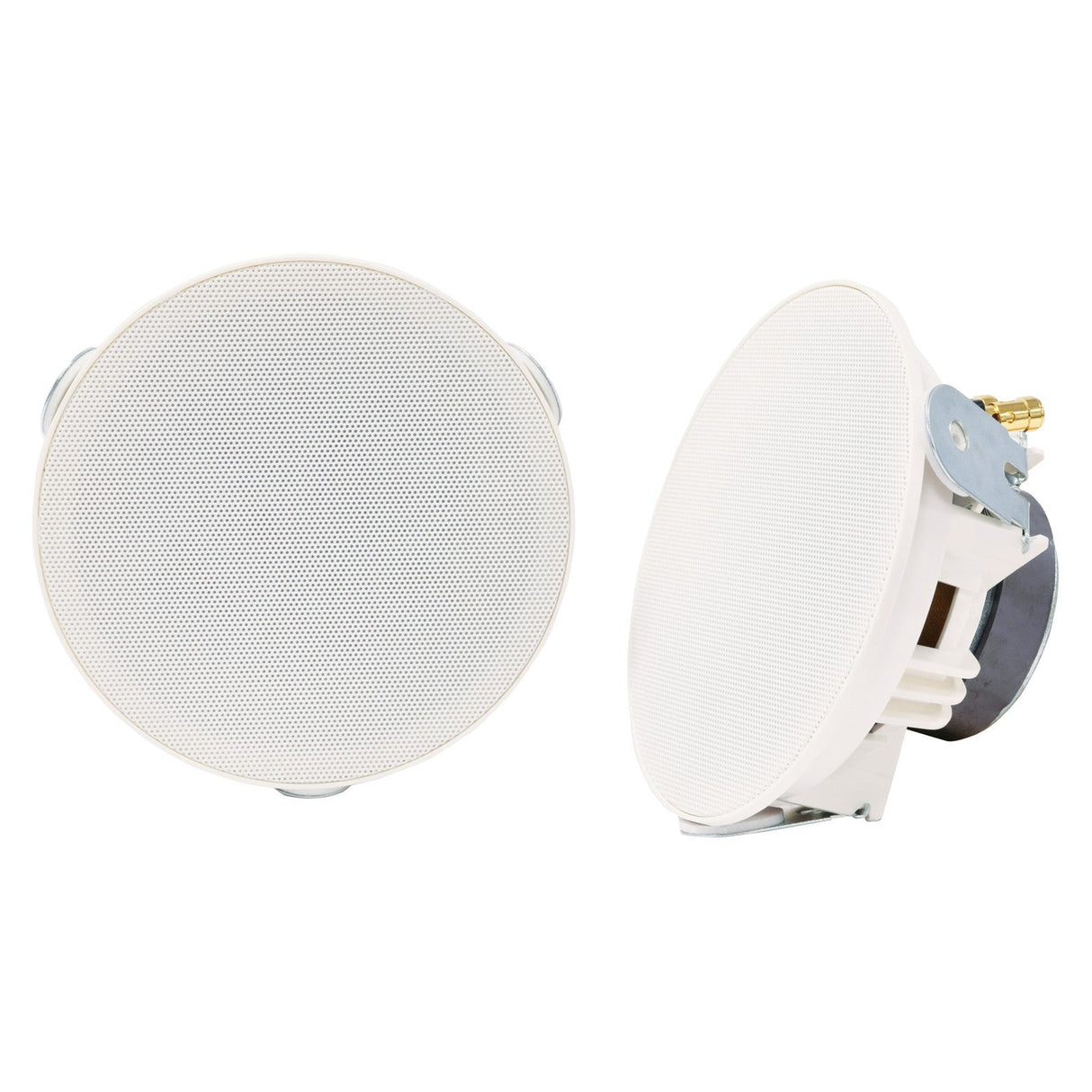 The image displays a pair of Adastra SL4 Slimline 4" 20W Ceiling Speakers in white. One speaker is pictured from the front, showcasing its perforated grille, while the other is angled to reveal its side and back components, featuring a hi-flex main driver for enhanced low-frequency response, a mounting bracket, and a gold connector.
