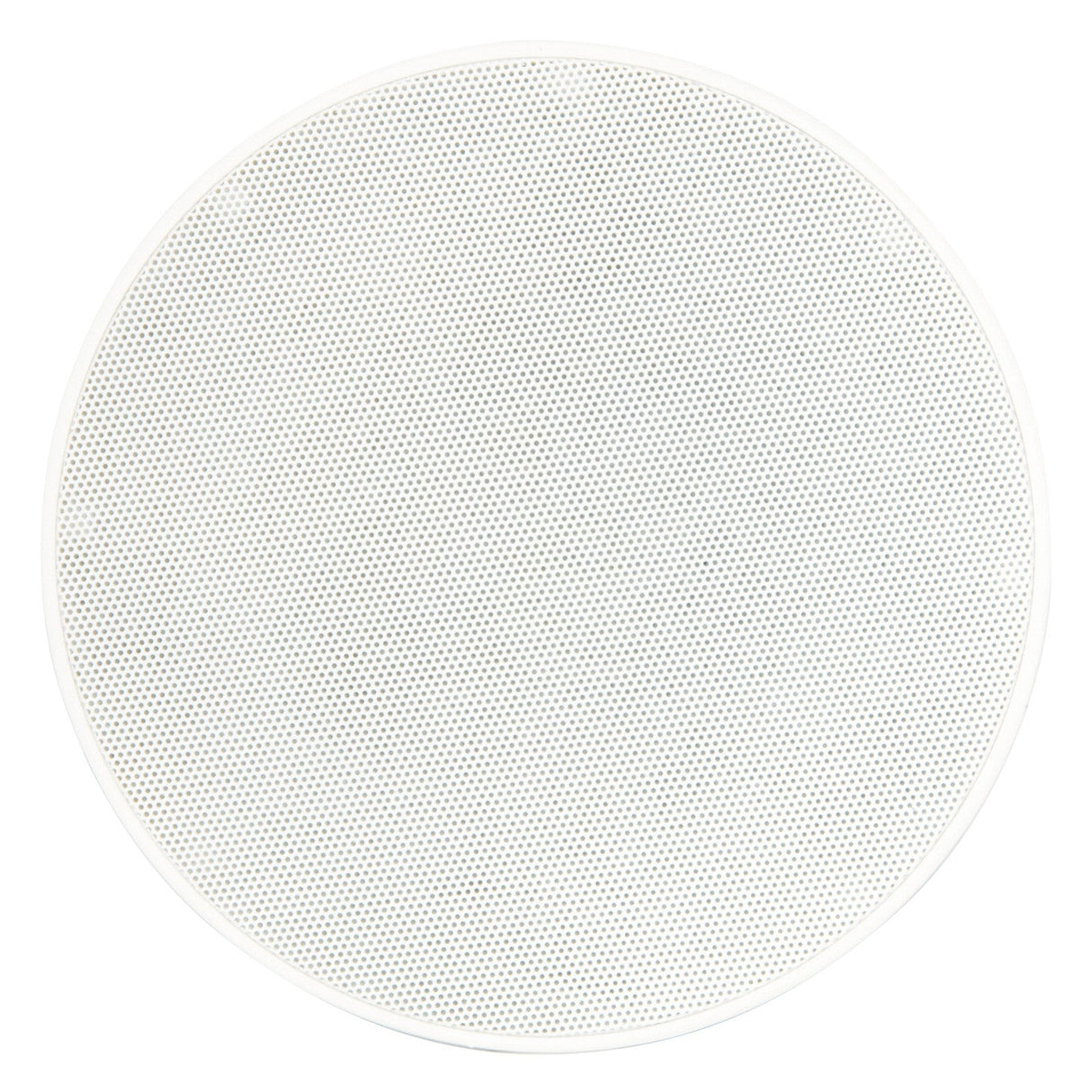 The Adastra SL5 Slimline 5.25" 35W Ceiling Speaker (Pair) features a circular design with a perforated grille that covers the entire surface, highlighting its full-range output capabilities. Set against a white background, this speaker ensures an extended low-frequency response for exceptional sound quality.