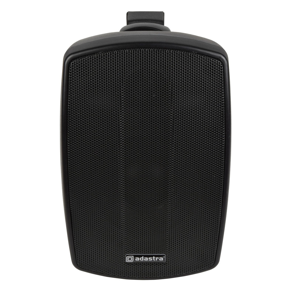 The Adastra BH4V-B 4" 60W 100V Background Speaker, Black, features a rectangular design with a textured grille that provides high-quality sound. The logo is prominently displayed at the bottom center of the front, and it comes with a weather-resistant bracket for secure mounting at the top.